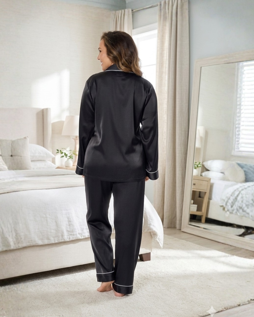 Art. 57060302 Pijama Camisero Liso Negro en SATÉN